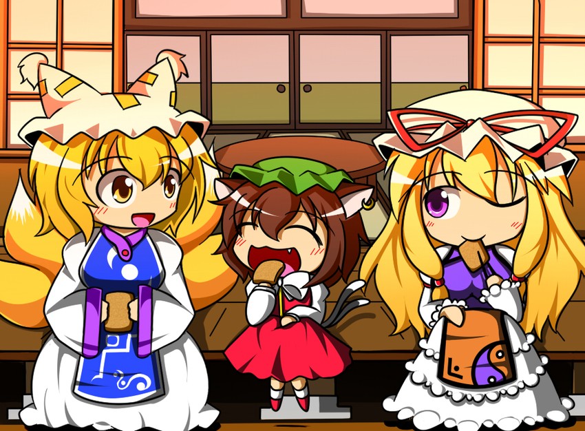 yakumo yukari, yakumo ran, and chen (touhou) drawn by feiton