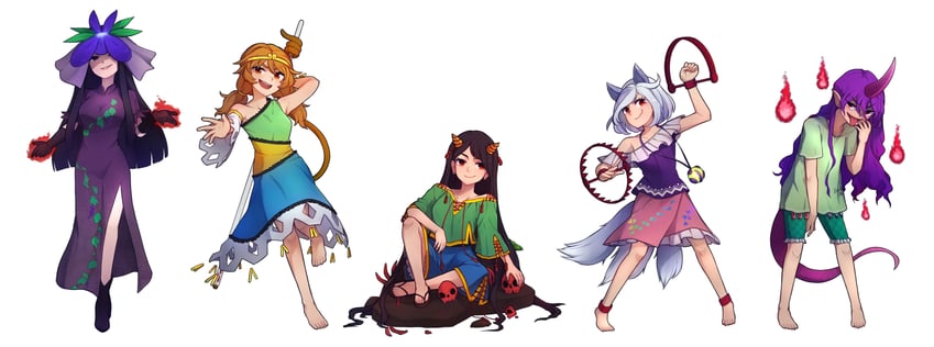 yomotsu hisami, tenkajin chiyari, son biten, nippaku zanmu, and mitsugashira enoko (touhou and 1 more) drawn by speckticuls