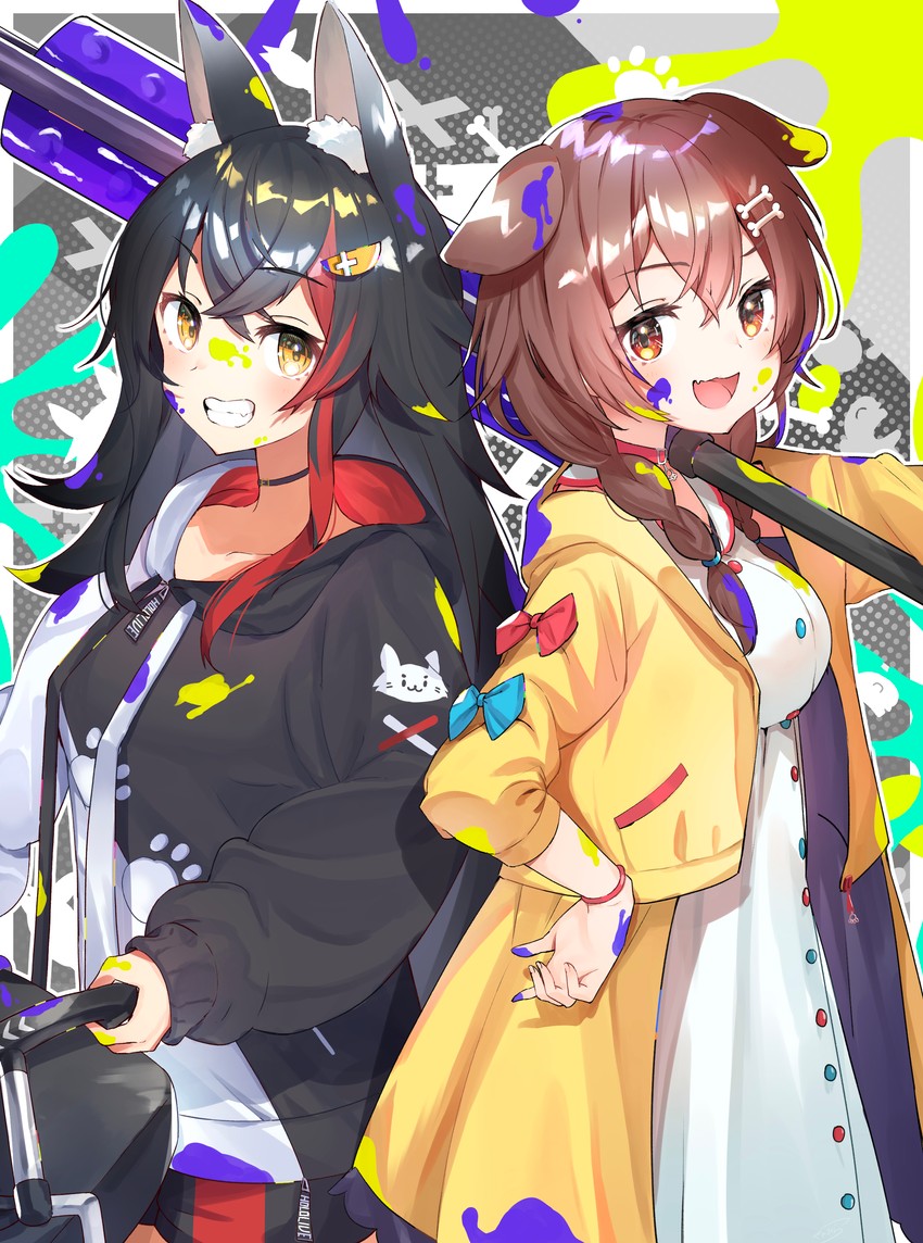 ookami mio and inugami korone (hololive and 1 more) drawn by furuki_ayaginutaira