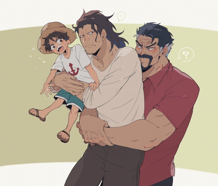monkey d. luffy, monkey d. garp, and monkey d. dragon (one piece) drawn by ovasayuri