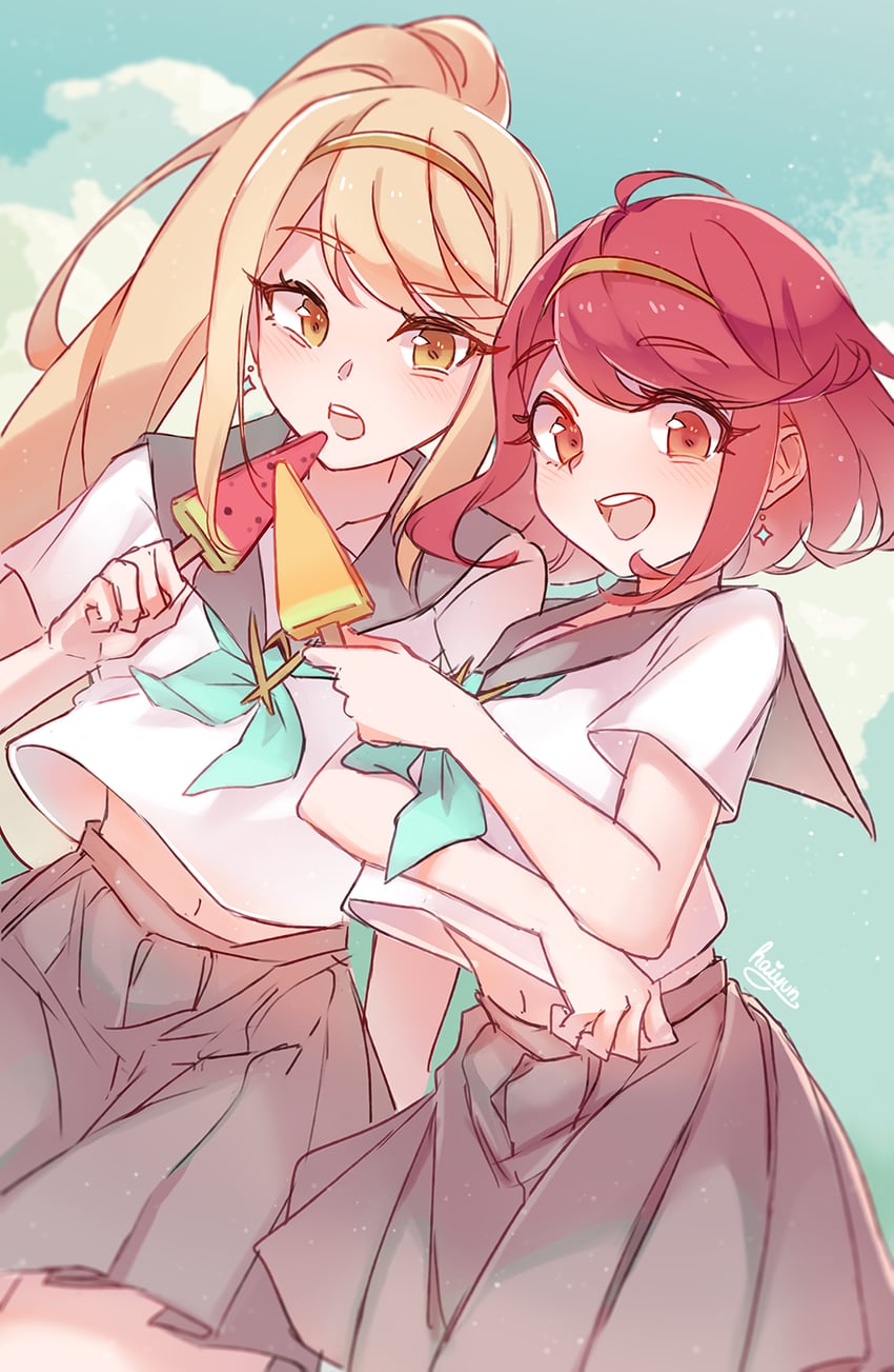 pyra and mythra (xenoblade chronicles and 1 more) drawn by haiyun