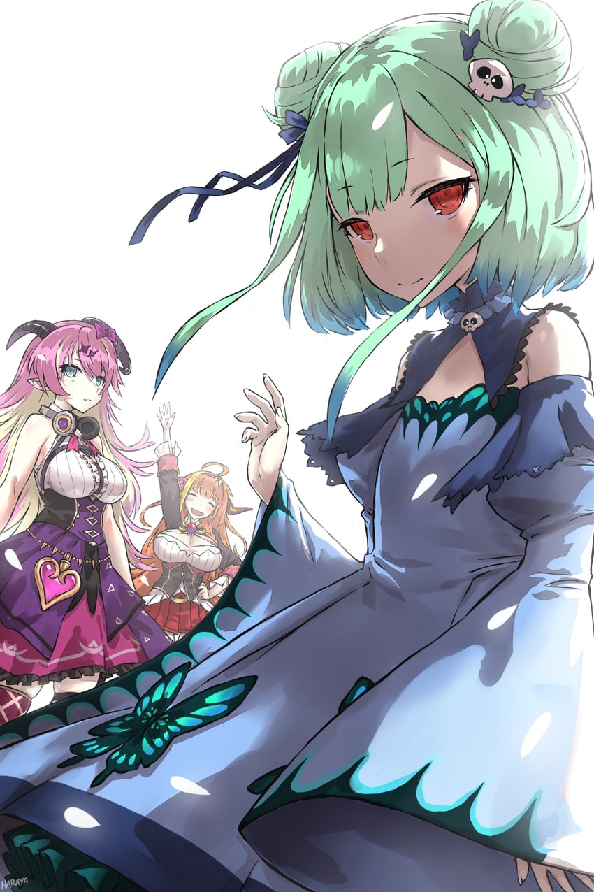 uruha rushia, kiryu coco, and mano aloe (hololive) drawn by haraya_manawari