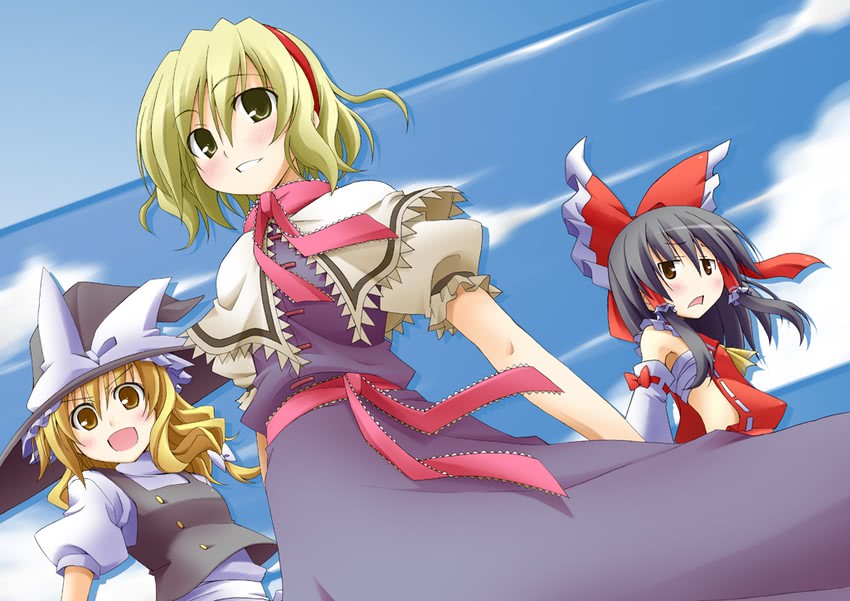 hakurei reimu, kirisame marisa, and alice margatroid (touhou) drawn by souto