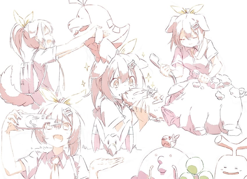 inugami korone, rotom, rotom phone, fuecoco, wingull, and 4 more (pokemon and 2 more) drawn by hashiguma