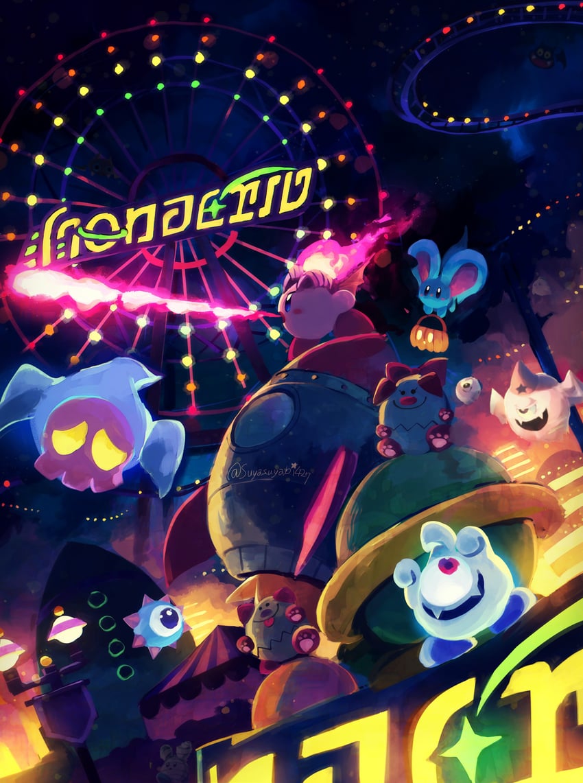 kirby, elfilin, fire kirby, spookstep, tedhaun, and 10 more (kirby and 2 more) drawn by suyasuyabi