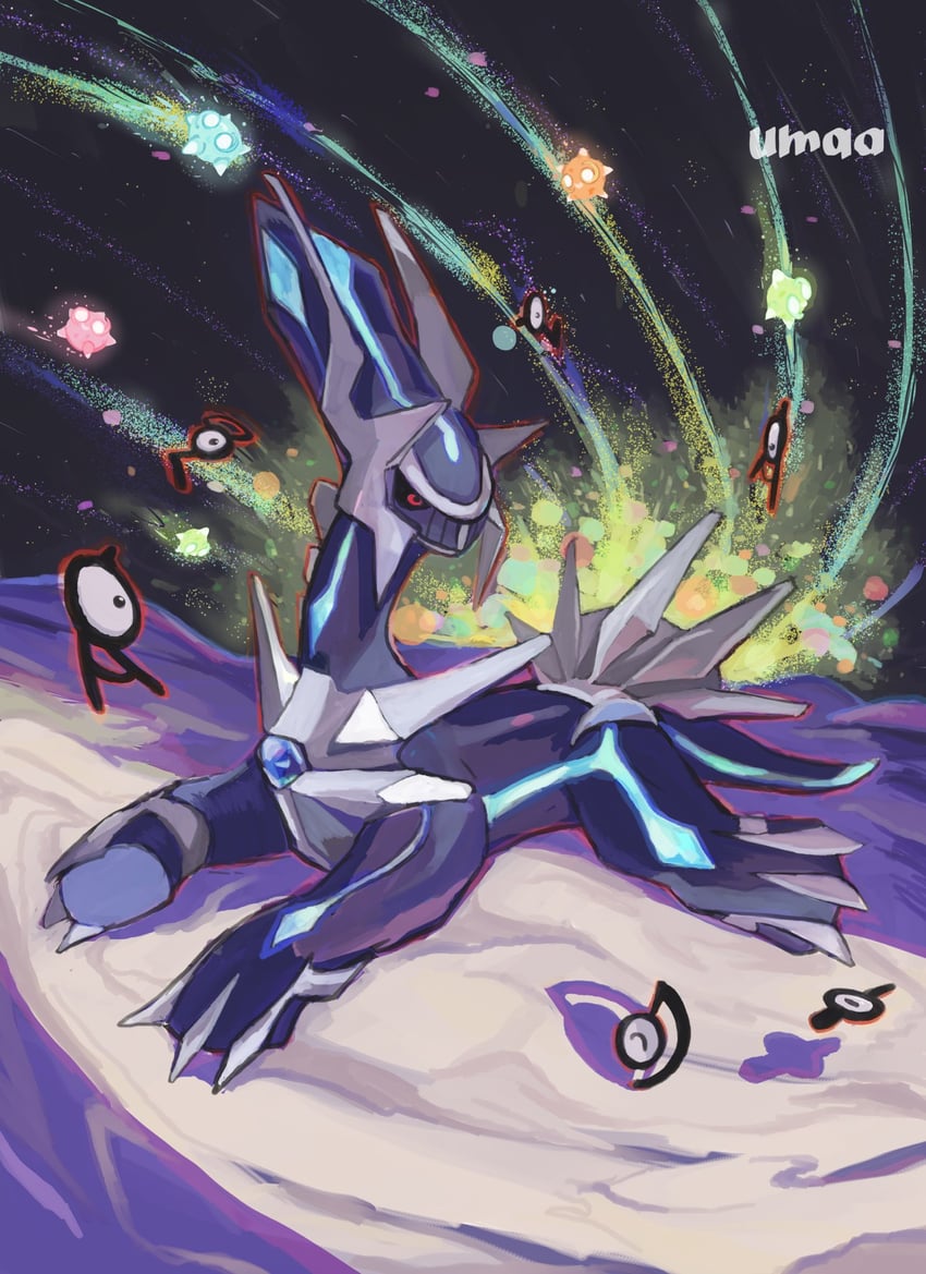 dialga, unown, minior, unown a, unown i, and 3 more (pokemon) drawn by oisisabatugun