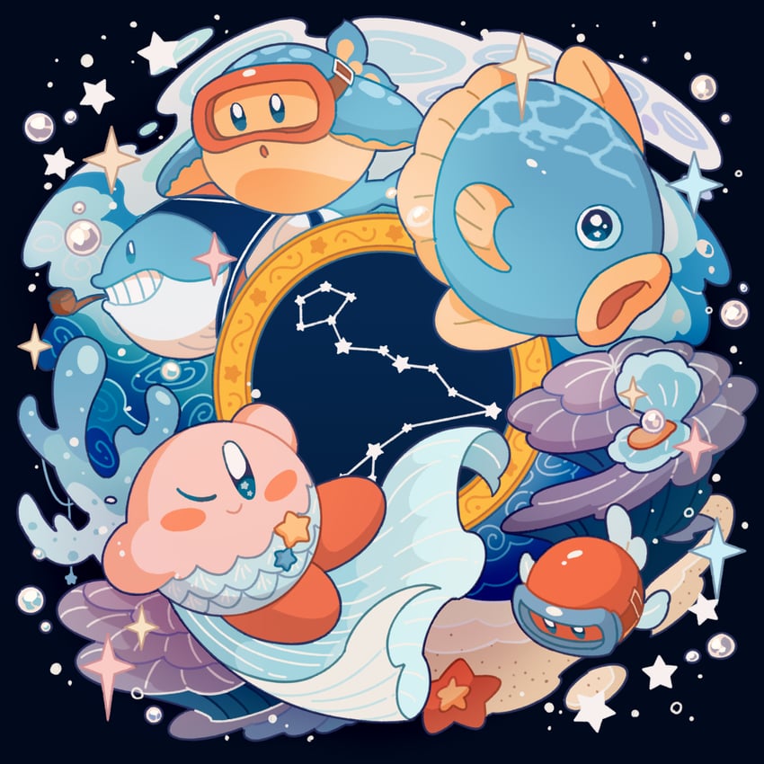 kirby, kine, blipper, fatty whale, and mamanti (kirby) drawn by glef_life