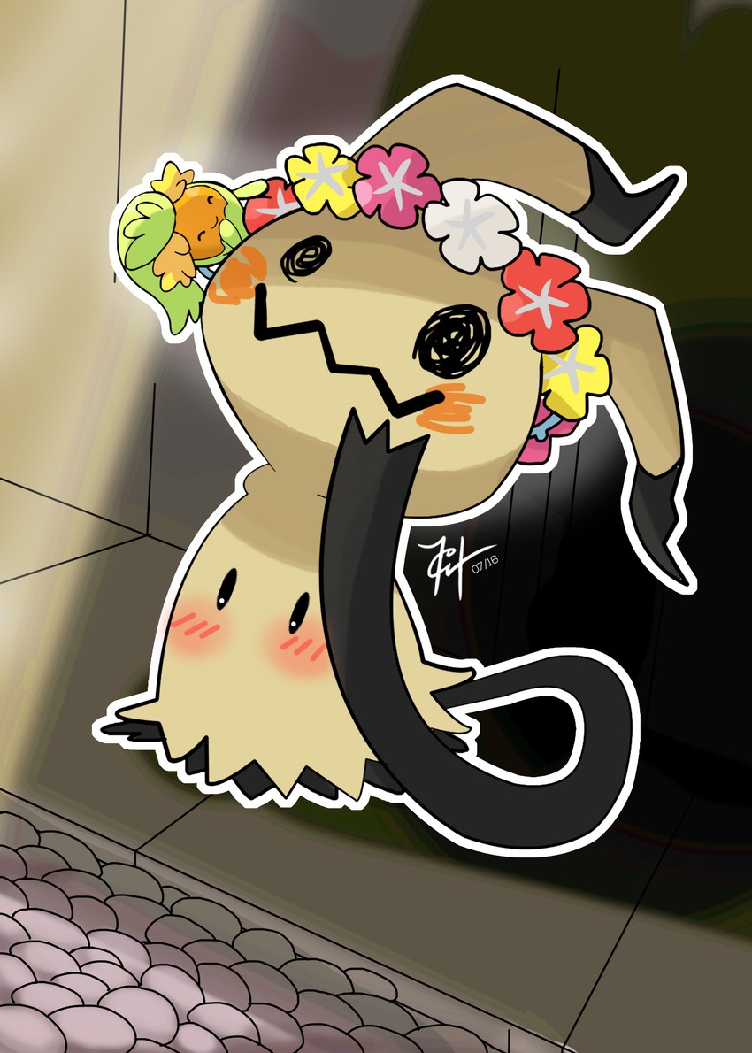 mimikyu and comfey (pokemon) drawn by harlequinwaffles