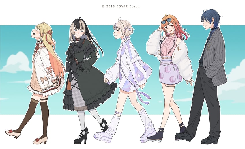 ichijou ririka, juufuutei raden, otonose kanade, hiodoshi ao, and todoroki hajime (hololive and 1 more) drawn by takosuke_(gyzp7373)