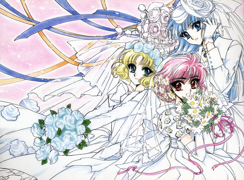 shidou hikaru, ryuuzaki umi, and hououji fuu (magic knight rayearth) drawn by clamp_(circle)