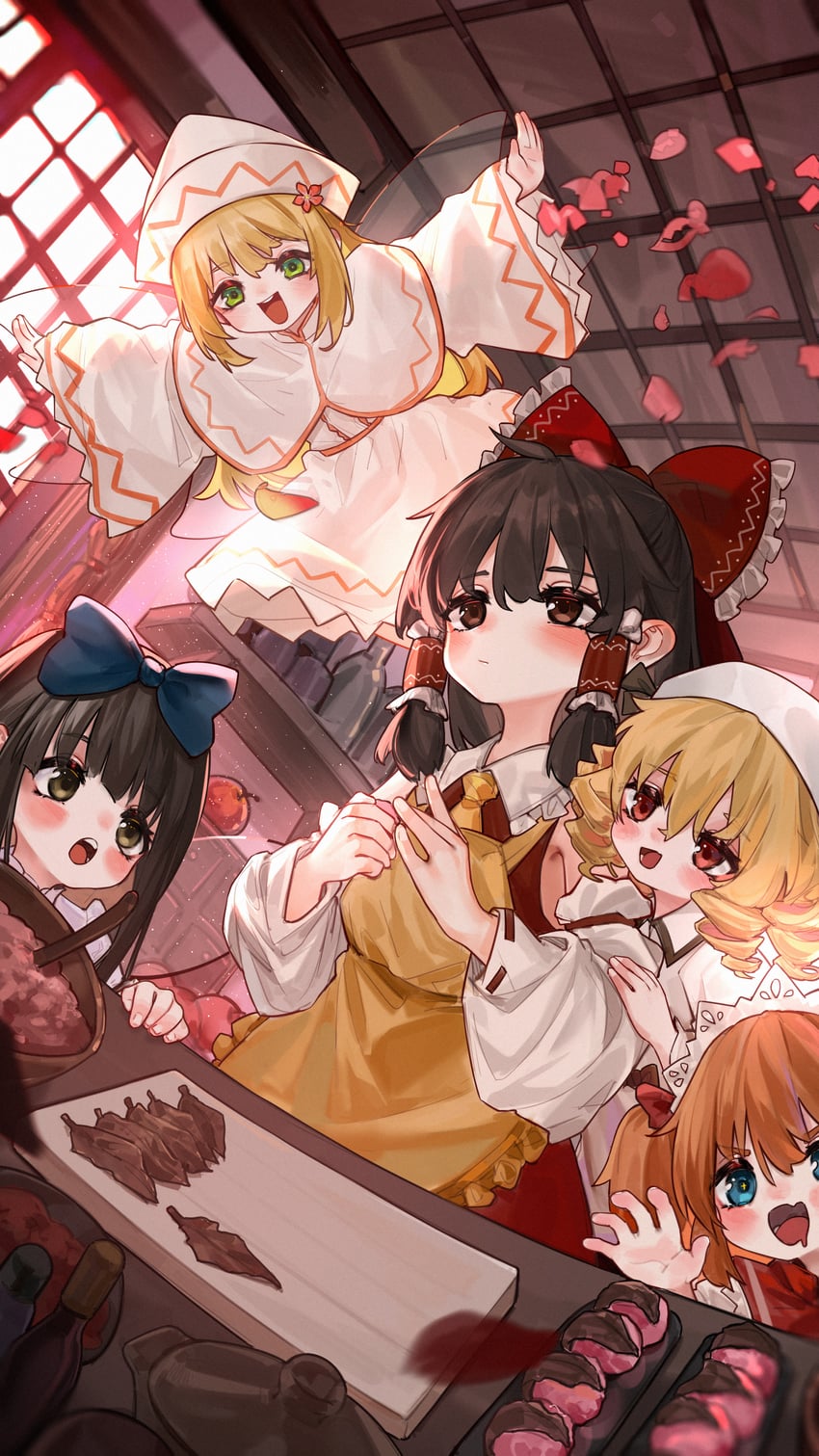 hakurei reimu, lily white, star sapphire, luna child, and sunny milk (touhou) drawn by kourou_(kouroukun)