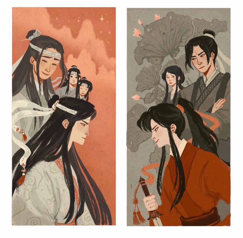wei wuxian, lan wangji, lan sizhui, jiang cheng, lan xichen, and 2 more (modao zushi) drawn by yaroslava_murashko