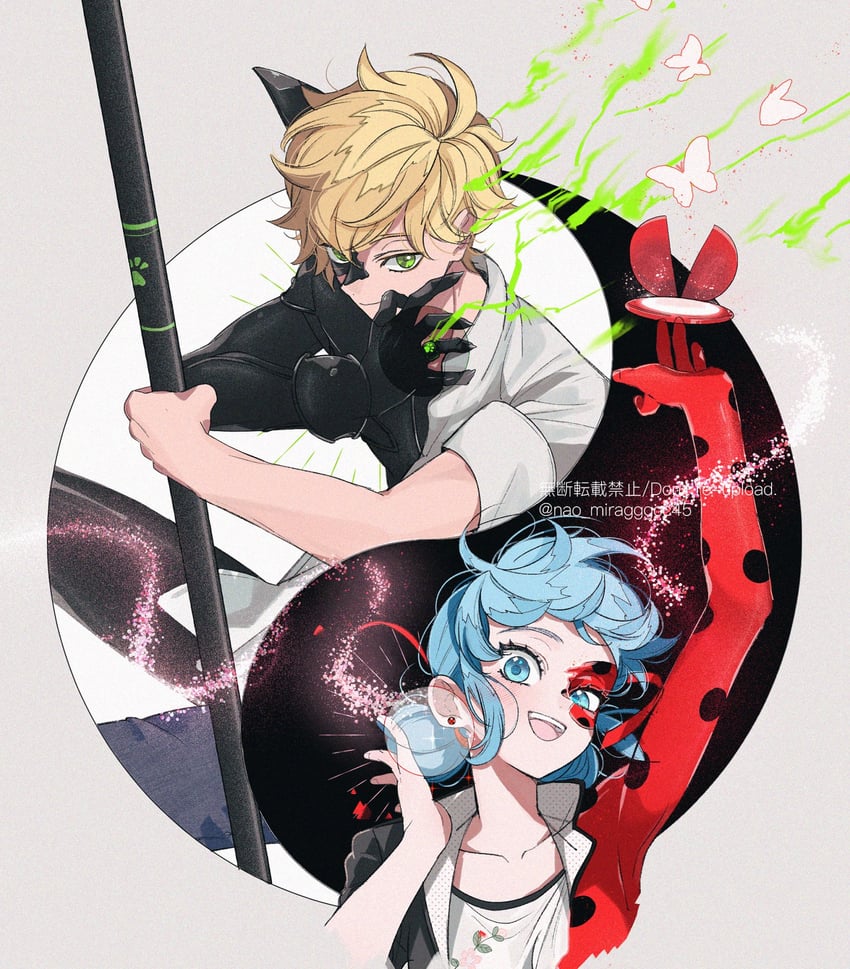 marinette dupain-cheng, adrien agreste, ladybug, and chat noir (miraculous ladybug) drawn by seio_(nao_miragggcc45)