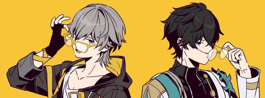 trailblazer, caelus, and dan heng (honkai and 1 more) drawn by hidakarumen