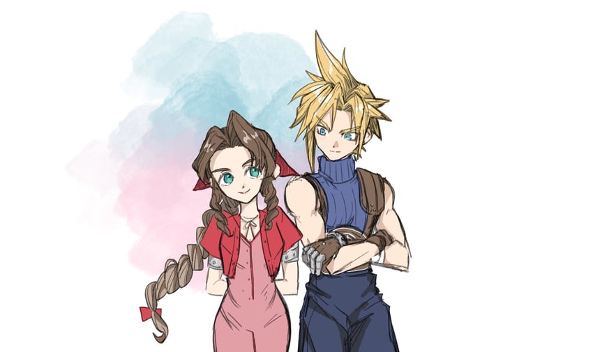 cloud strife and aerith gainsborough (final fantasy and 1 more) drawn by souse_me