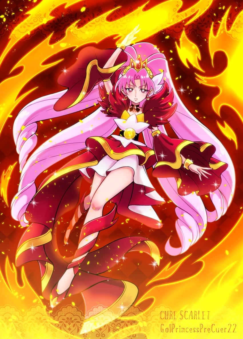 akagi towa and cure scarlet (precure and 1 more) drawn by nanjou_akimasa