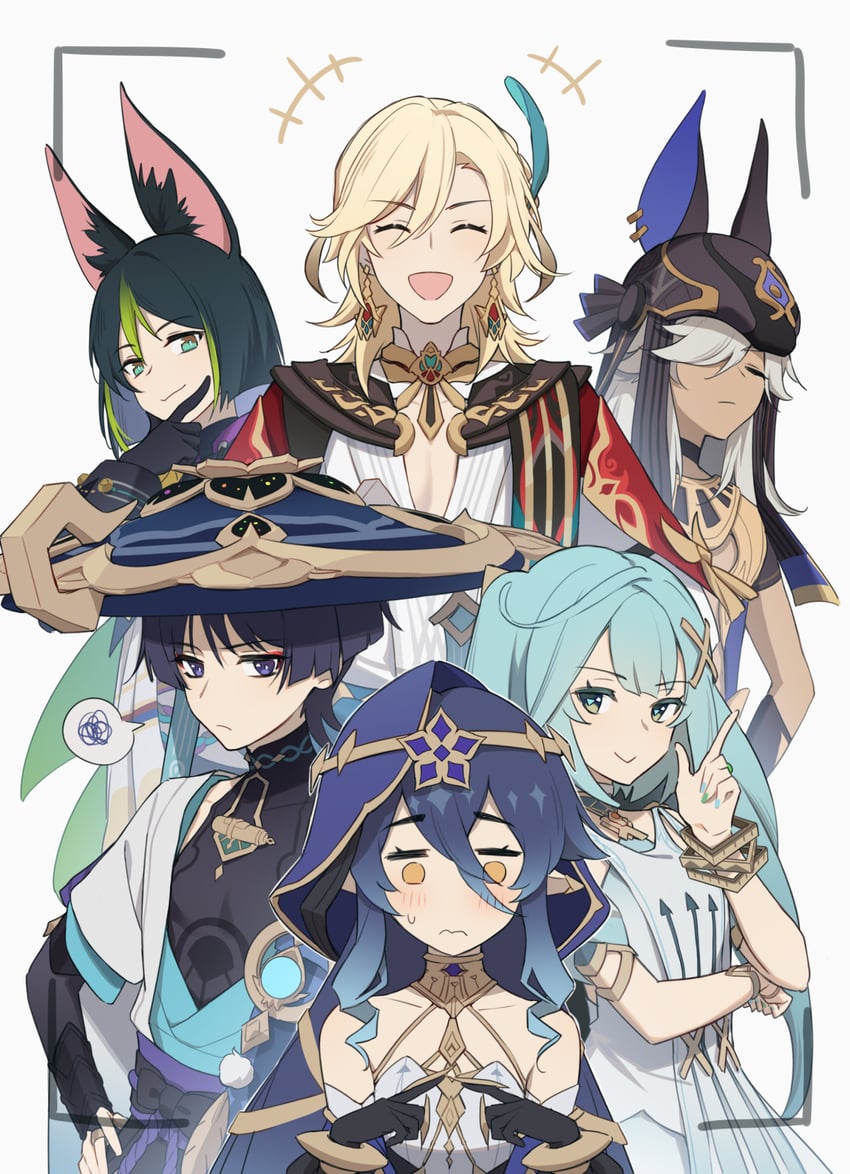scaramouche, wanderer, tighnari, kaveh, cyno, and 2 more (genshin impact) drawn by hei_lang