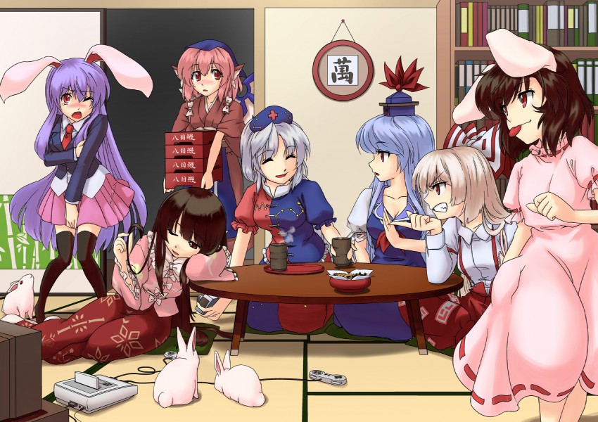 reisen udongein inaba, fujiwara no mokou, kamishirasawa keine, houraisan kaguya, mystia lorelei, and 3 more (touhou and 1 more) drawn by abo_(hechouchou)