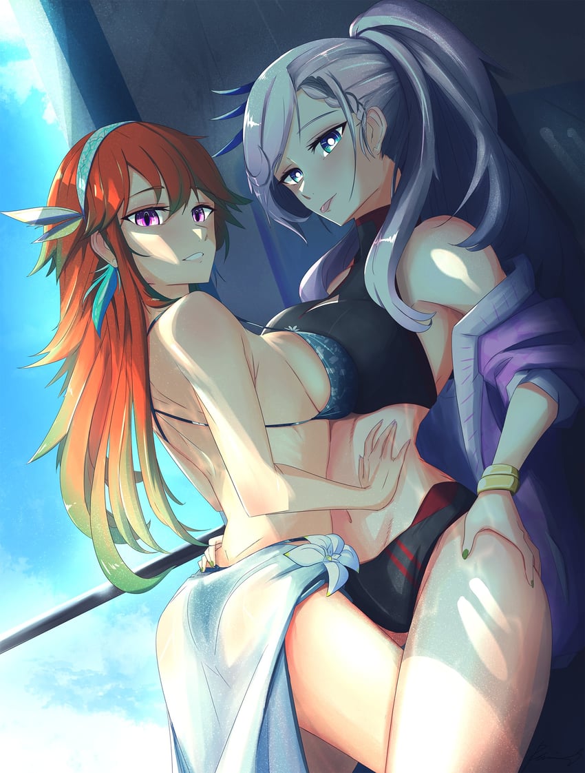 takanashi kiara and pavolia reine (hololive and 2 more) drawn by the_raineman