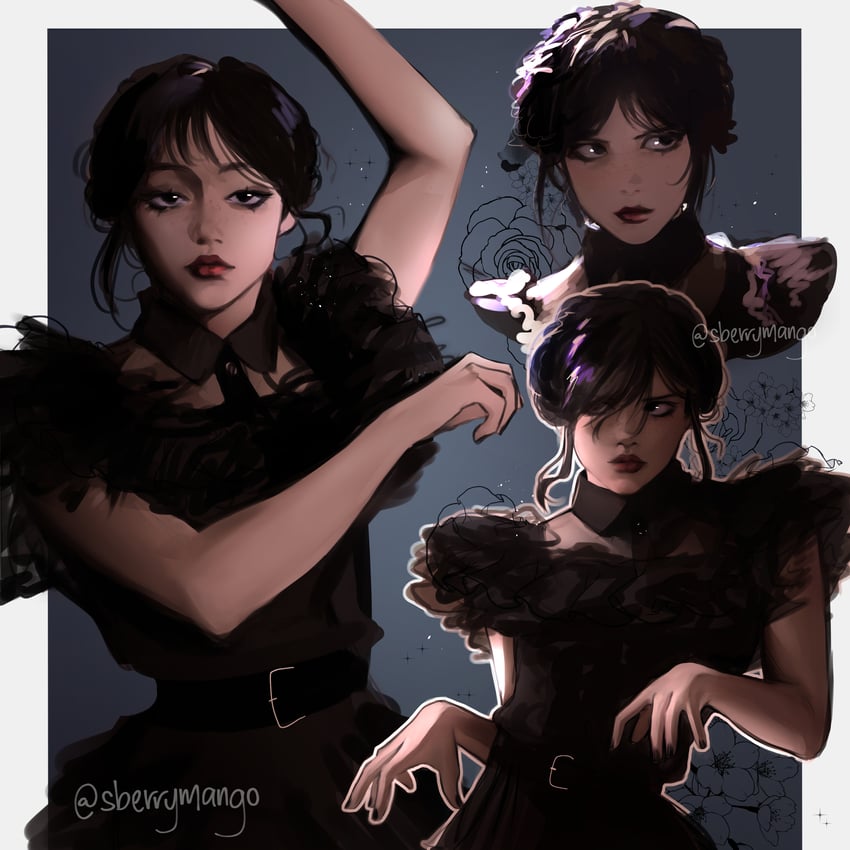 wednesday addams and jenna ortega (addams family and 1 more) drawn by sberry_mango