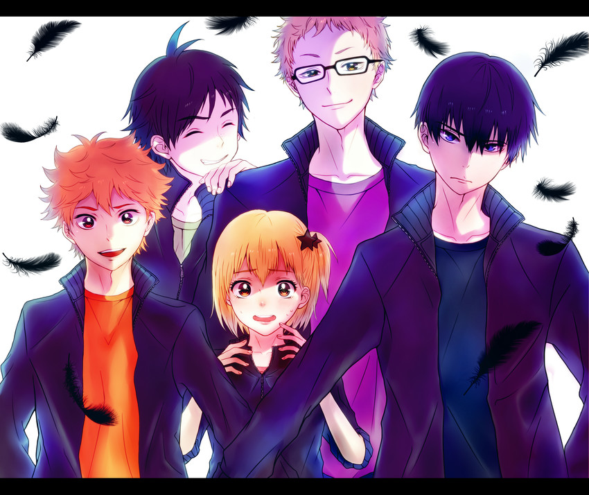 hinata shouyou, kageyama tobio, tsukishima kei, yachi hitoka, and yamaguchi tadashi (haikyuu!!) drawn by sky3m3m