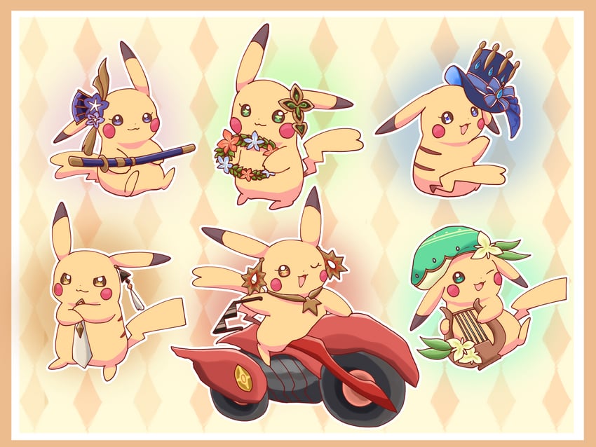raiden shogun, pikachu, furina, nahida, zhongli, and 2 more (pokemon and 1 more) drawn by venti_888