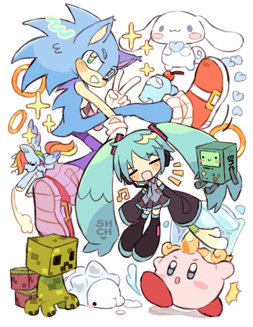 hatsune miku, kirby, sonic the hedgehog, cinnamoroll, crewmate, and 6 more (pokemon and 10 more) drawn by sharpycharot