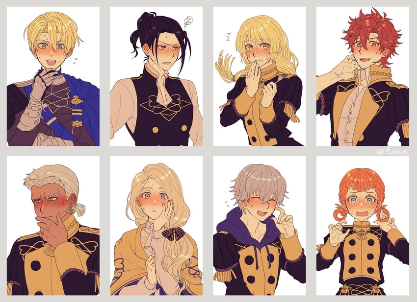 dimitri alexandre blaiddyd, ingrid brandl galatea, sylvain jose gautier, mercedes von martritz, felix hugo fraldarius, and 3 more (fire emblem and 1 more) drawn by f_ico_e