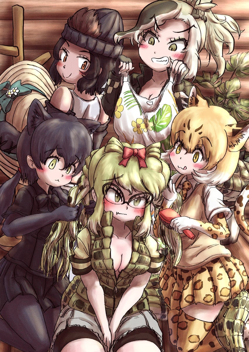 saltwater crocodile, black leopard, leopard, spectacled caiman, and western lowland gorilla (kemono friends and 1 more) drawn by teriiman