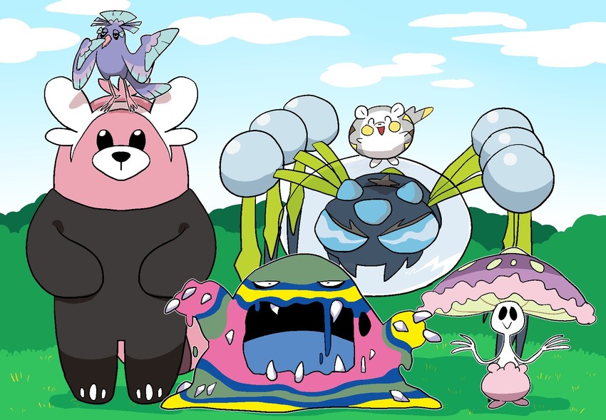 bewear, oricorio, togedemaru, shiinotic, araquanid, and 1 more (pokemon) drawn by furukawa_(yomawari)