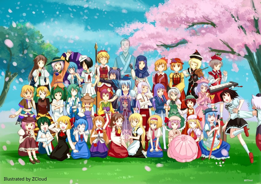 hakurei reimu, kirisame marisa, remilia scarlet, flandre scarlet, kochiya sanae, and 32 more (touhou) drawn by zcloud