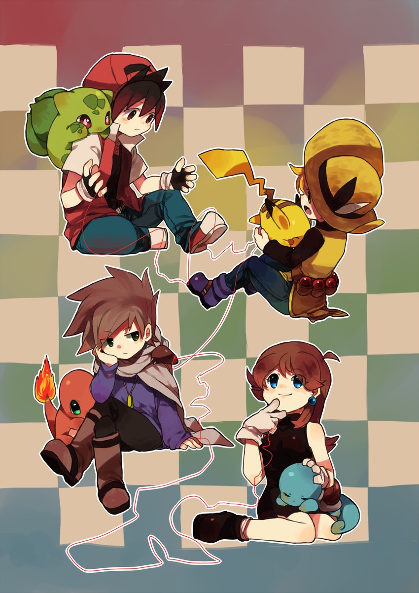 pikachu, red, blue oak, bulbasaur, squirtle, and 4 more (pokemon and 1 more) drawn by puddingx2