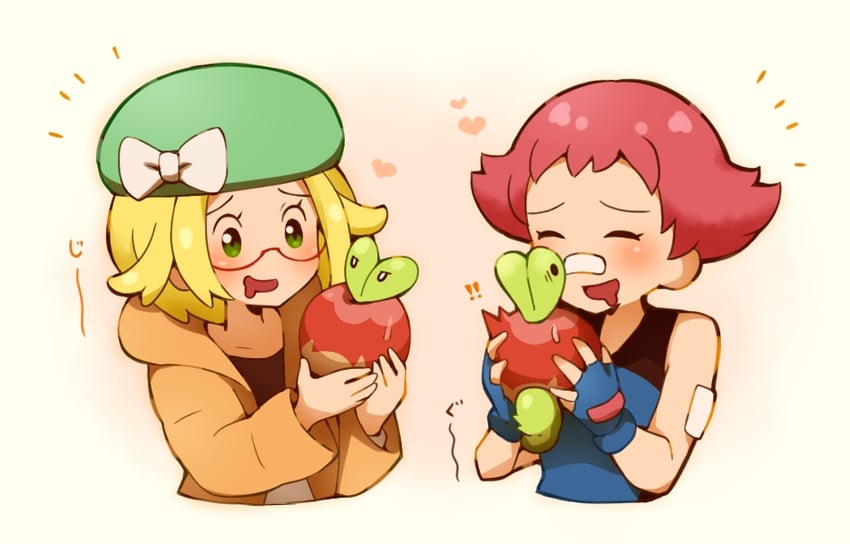 bianca, applin, and maylene (pokemon and 2 more) drawn by yuu_(tjyz7348)