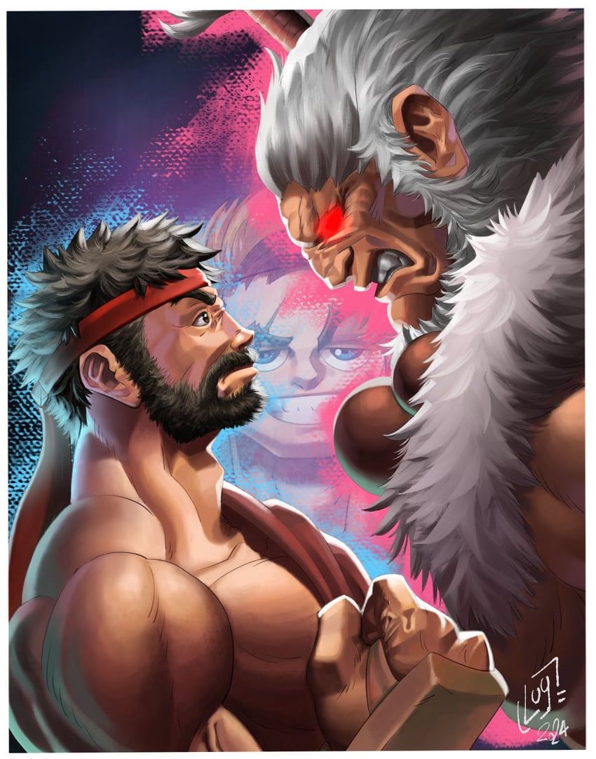 ryu, akuma, and luke sullivan (street fighter and 2 more) drawn by logsarcadecab