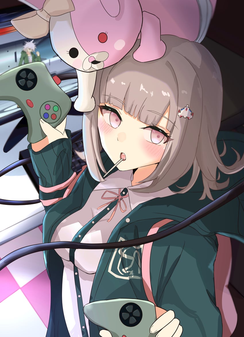 nanami chiaki, komaeda nagito, and monomi (danganronpa and 1 more) drawn by akabeko123