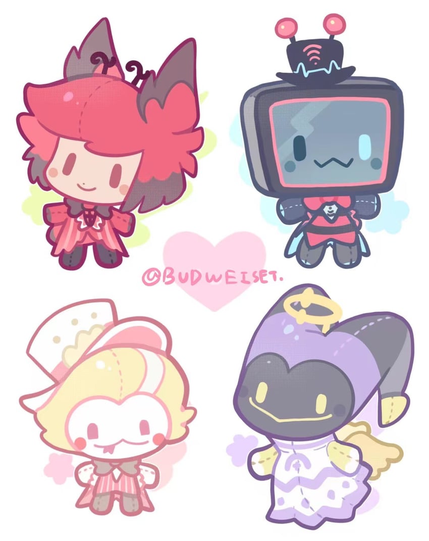 lucifer morningstar, alastor, vox, and adam (hazbin hotel) drawn by jiusui396