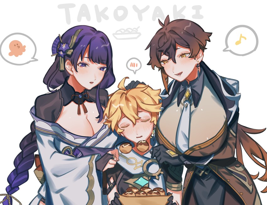 raiden shogun, aether, and zhongli (genshin impact) drawn by crow_3434