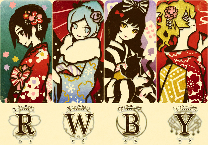 ruby rose, weiss schnee, yang xiao long, and blake belladonna (rwby) drawn by dokur01