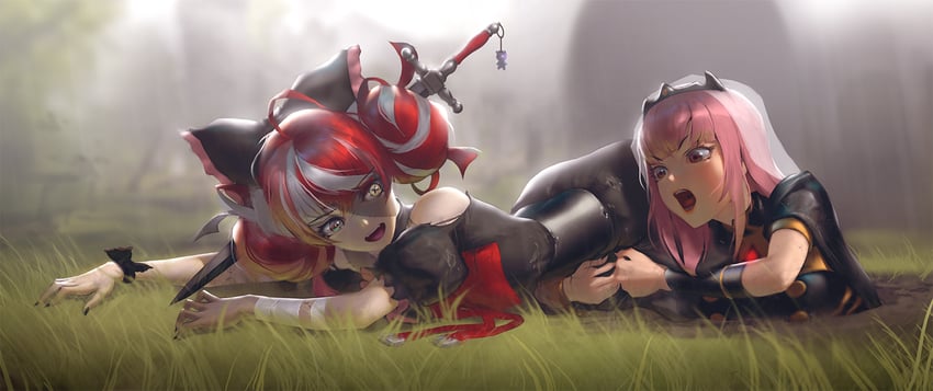mori calliope, kureiji ollie, and udin (hololive and 2 more) drawn by infi