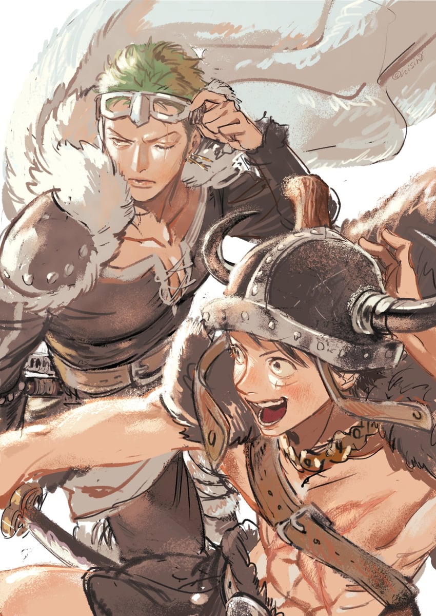 monkey d. luffy and roronoa zoro (one piece) drawn by nisir0