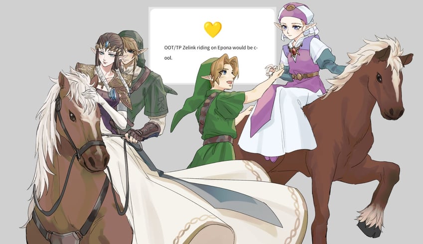 link, princess zelda, young link, young zelda, and epona (the legend of zelda and 2 more) drawn by kurokawa_karasu