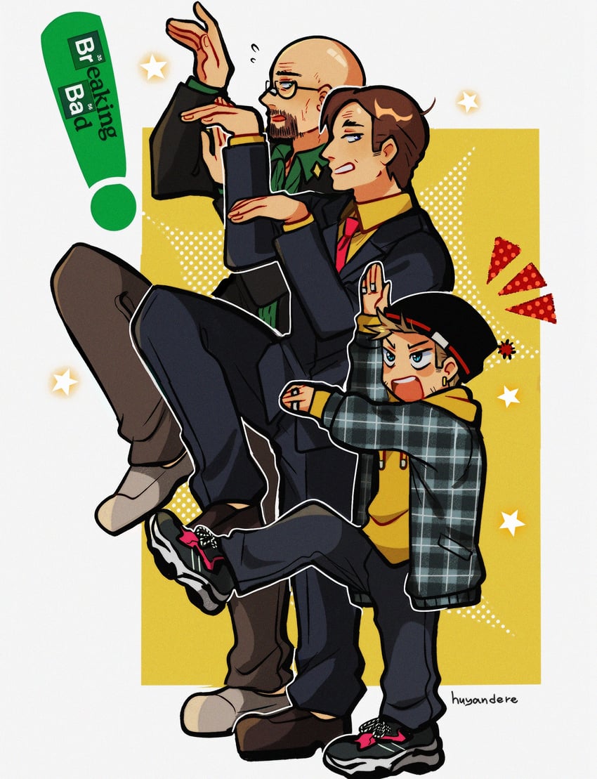 walter white, jesse pinkman, and saul goodman (yotsubato! and 1 more) drawn by huyandere