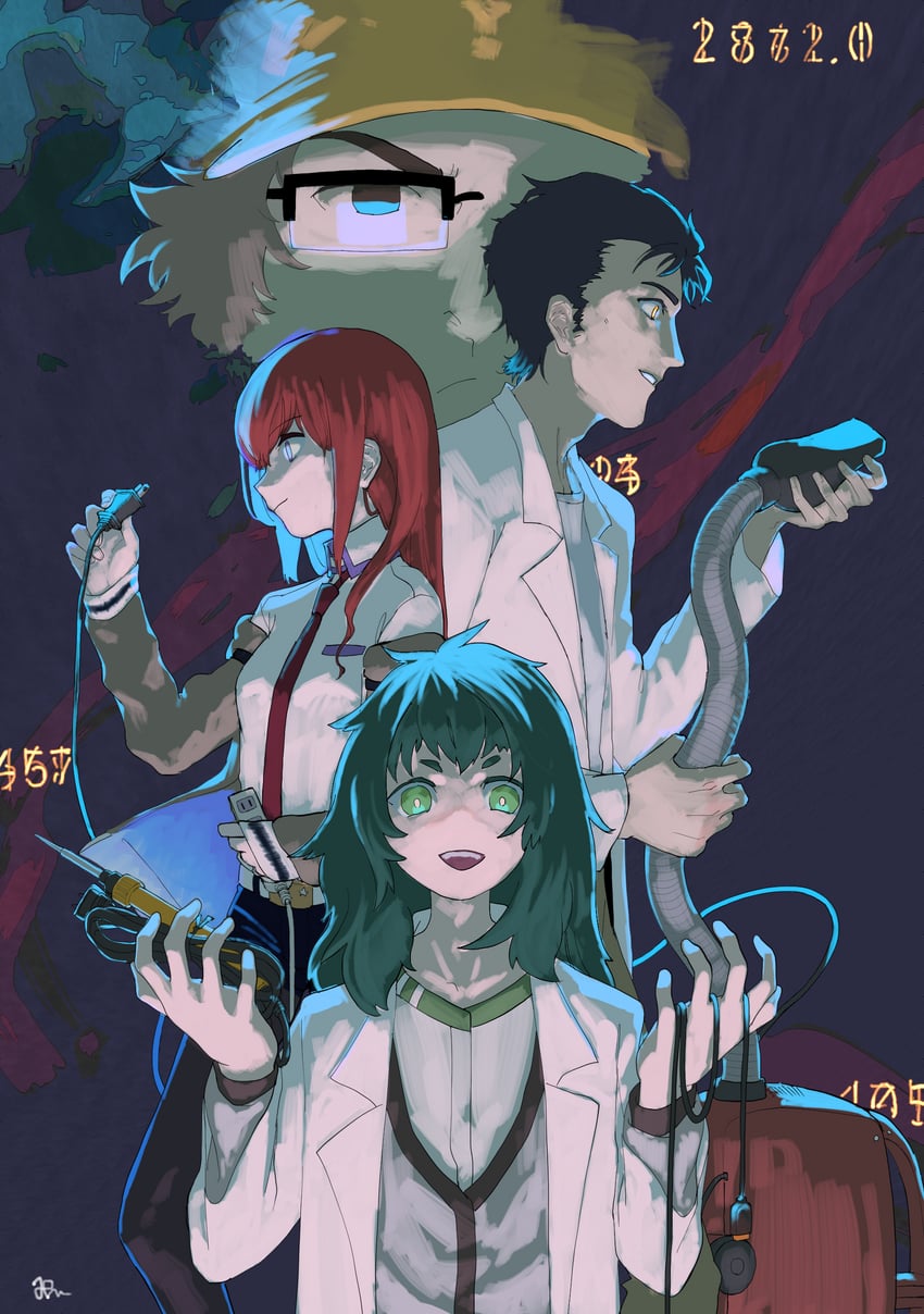 makise kurisu, okabe rintarou, hashida itaru, and hiyajou maho (science adventure and 2 more) drawn by sibarue