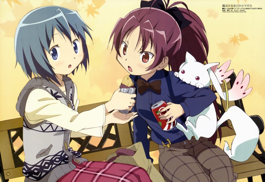 miki sayaka, sakura kyoko, and kyubey (mahou shoujo madoka magica and 1 more) drawn by shiotsuki_kazuya