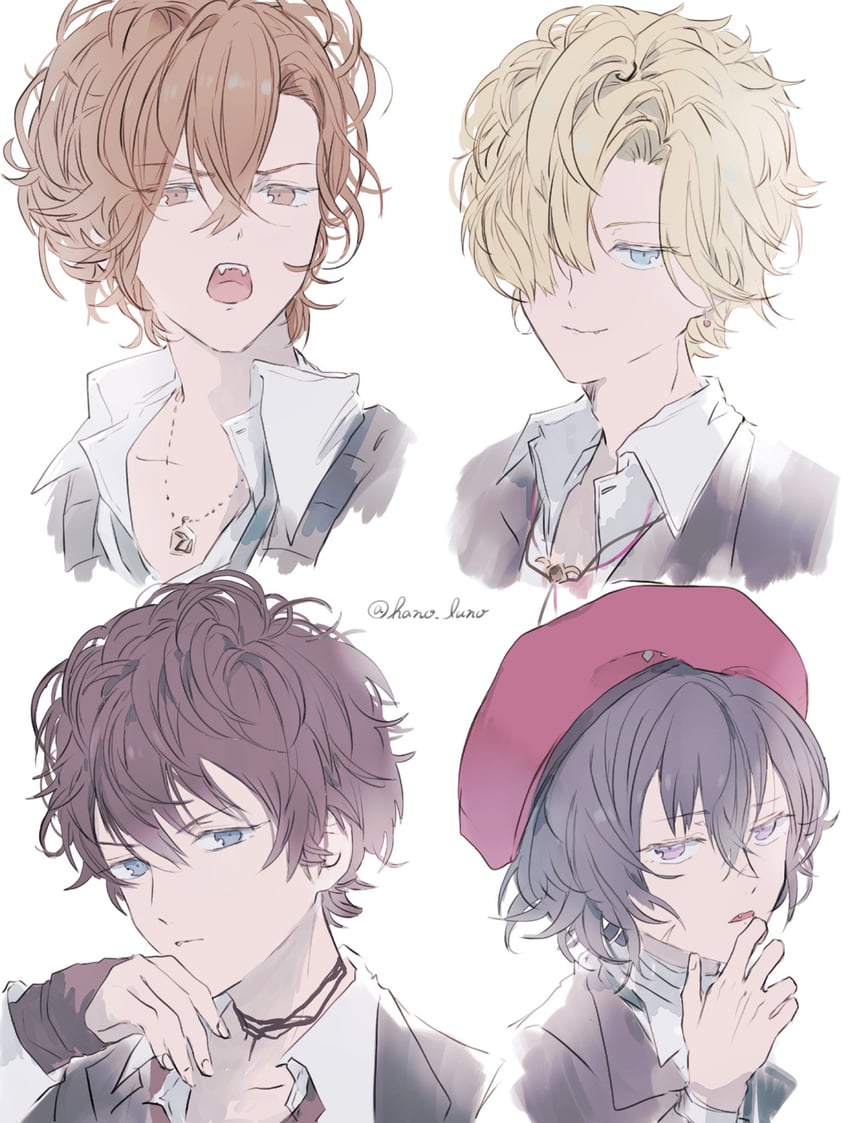 mukami yuma, mukami ruki, mukami azusa, and mukami kou (diabolik lovers) drawn by hano_luno