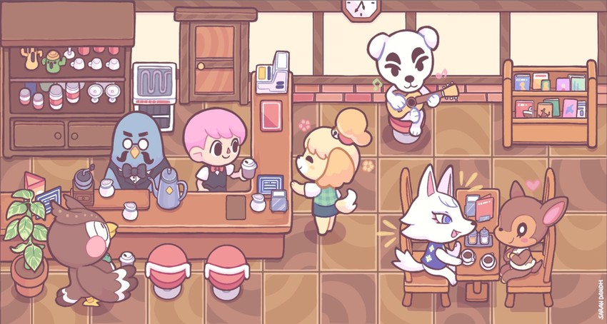 isabelle, villager, k.k. slider, blathers, whitney, and 3 more (animal crossing) drawn by sarah_dandh