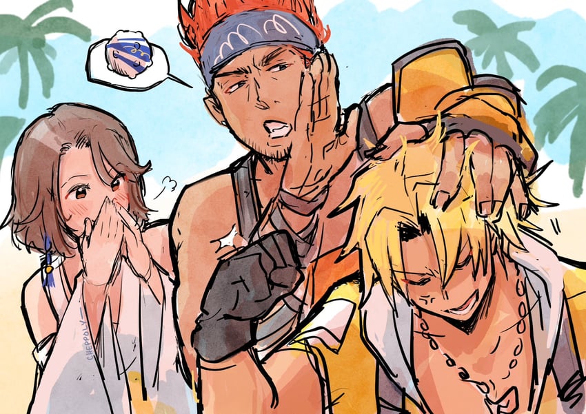yuna, tidus, and wakka (final fantasy and 1 more) drawn by cheppo