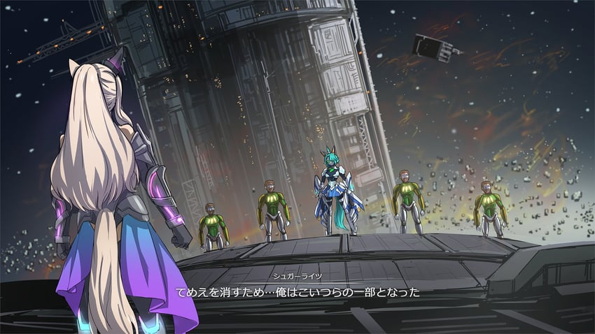 mecha umamusume st-2, g5 iguazu, biwa hayahide, and christophe lemaire (umamusume and 2 more) drawn by solokov_(okb-999)