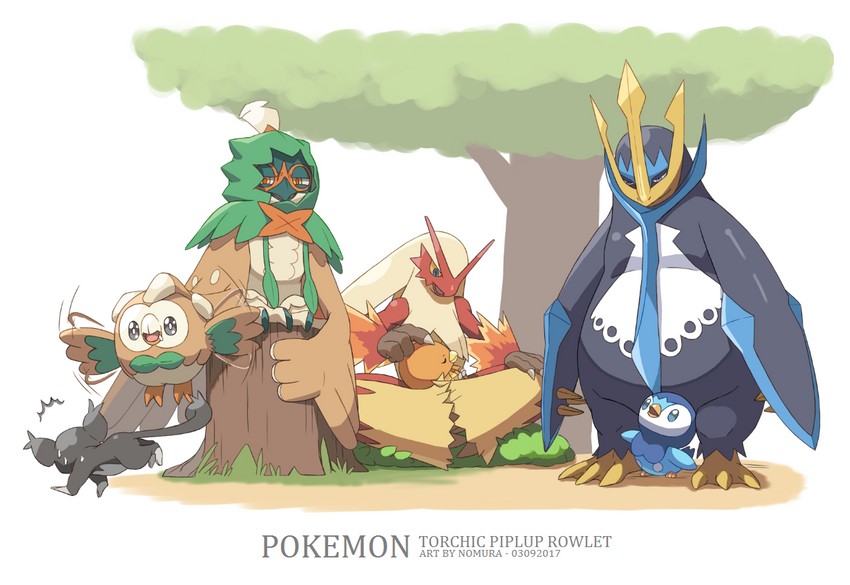 rowlet, piplup, torchic, blaziken, decidueye, and 2 more (pokemon) drawn by nomura_(arumon)