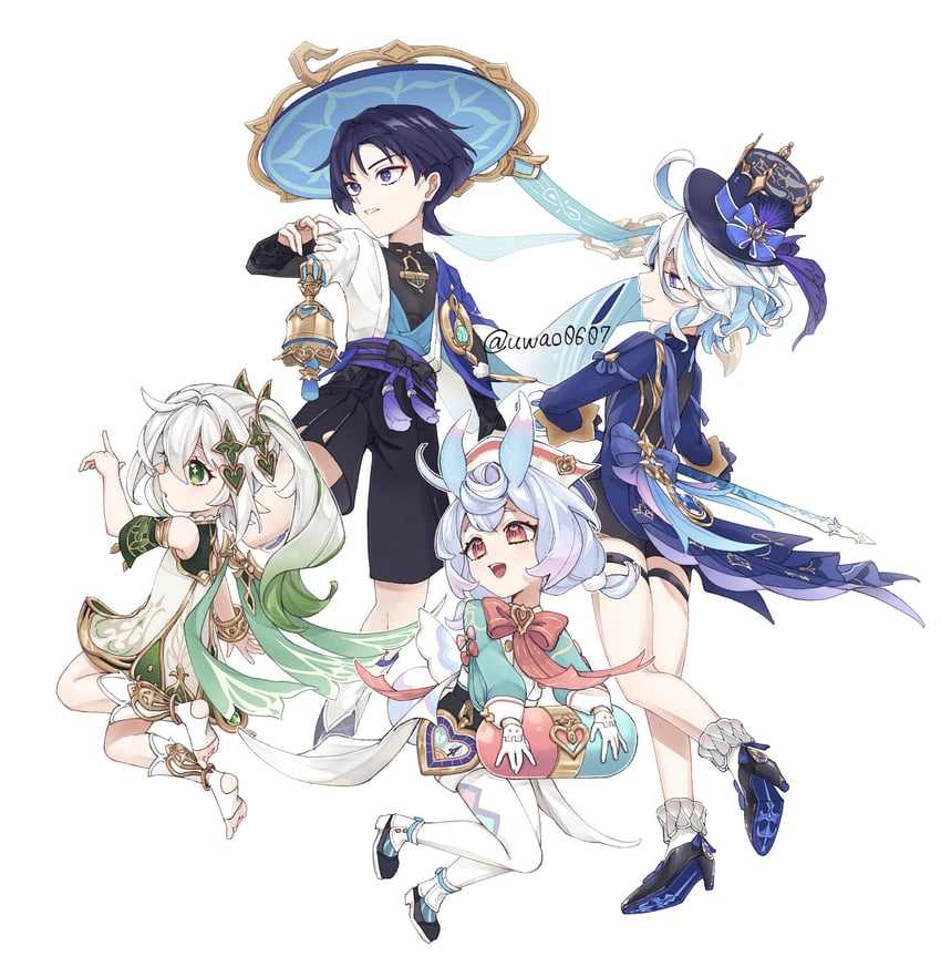 scaramouche, furina, nahida, wanderer, and sigewinne (genshin impact) drawn by uwao0607